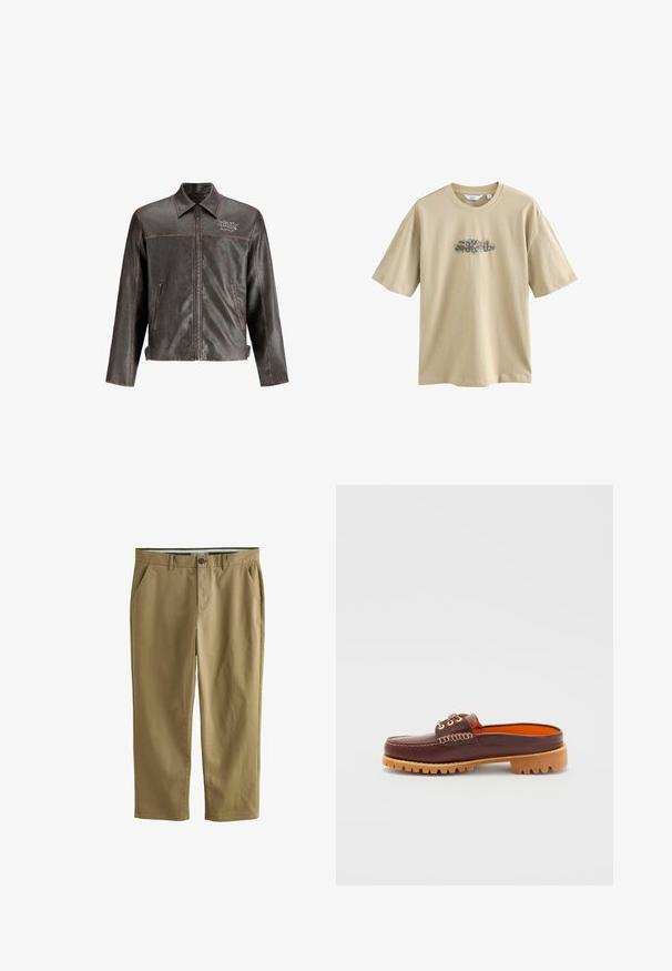 Giacca di pelle marrone con colletto, zip frontale e due tasche laterali. Presenta cuciture a contrasto e ricamo "DON'T HARD" sul petto.; T-shirt in cotone beige con stampa grafica al centro. Il design include elementi colorati e testo curvo. Maniche corte e scollatura rotonda.; Chino color khaki realizzati in cotone misto, dotati di due tasche laterali, chiusura con bottone, gambe dritte e una texture liscia.; Scarpa slip-on in pelle marrone con punta arrotondata, dettagli di cucitura testurizzata, occhielli dorati e suola esterna rigata color beige. L'interno è di un vivace arancione.