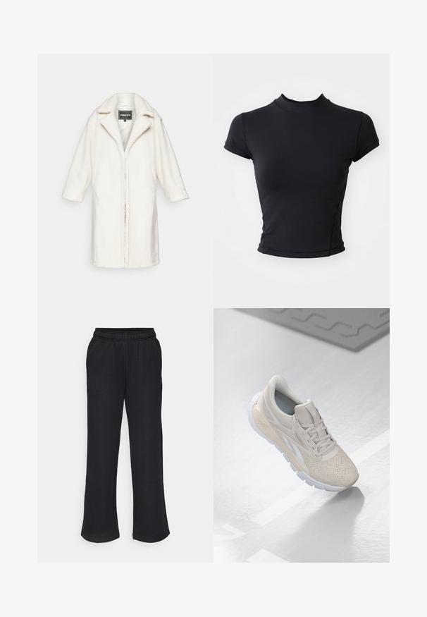 Witte pluche jas met een losse pasvorm, geknipte kraag en driekwartmouwen. Stevig binnenfutter en geen zichtbare sluitingen.; Zwarte cropped t-shirt gemaakt van glad, rekbaar stof met een hoge hals en korte mouwen, met schone stiksels en een getailleerde pasvorm.; Zwarte trainingsbroek met een uitlopende vorm, elastische tailleband en zijzakken. Gemaakt van zachte stof zonder zichtbare patronen of accenten.; Lichtbeige sportieve schoen met een geperforeerde bovenkant, textuurverwerking, gewatteerde kraag en een witte rubberen zool, ontworpen voor comfort en ademend vermogen.
