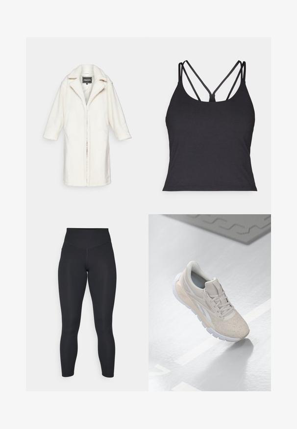 Fehér plüss kabát laza szabással, kivágott gallérral és háromnegyedes ujjakkal. Simább belső bélés, látható záródás nélkül.; Fekete ujjatlan felső vékony pántokkal, hátul keresztbe fonott dizájnnal. Puha, rugalmas anyagból készült, formás szabású.; Fekete leggings magas derékkal, sima textúrával és testhezálló fazonnal. Lapos varrásokkal és teljes hosszúságú takarással rendelkezik, minták nélkül.; Világos bézs színű sportcipő perforált felsőrésszel, texturált díszítéssel, párnázott nyakkal és fehér gumitalppal, amely a kényelem és a légáteresztő képesség érdekében készült.