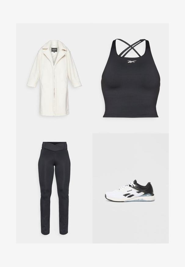 Bela plišana jakna s sproščenim krojem, izrezom in rokavi do tri četrtine. Gladka notranja podloga in brez vidnih zaponk.; Črn športni nedrček iz raztegljivega materiala, z fitted dizajnom, širokimi naramnicami in križnim hrbtom. Majhna bela znamka na sprednji strani.; Telovadne črne legice z visokim pasom, prečnim pasom in brezšivnim ozkim krojem, zasnovane za telovadbo ali sproščeno nošenje.; Bela in črna Reebok tekaška obuvala z vezalkami, penastim podplatom in blagovno označenimi stranicami, prikazana v profilu na enobarvni podlagi.