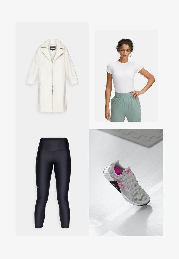 Cappotto bianco in peluche con una vestibilità rilassata, colletto a punta e maniche a tre quarti. Fodera interna liscia e senza chiusure visibili.; T-shirt bianca aderente con maniche corte, abbinata a pantaloni con elastico in vita di colore verde chiaro. Texture liscia, design minimalista e nessun motivo visibile.; Leggings neri realizzati in un tessuto morbido ed elastico. Design a vita alta con una vestibilità aderente e un piccolo logo sulla gamba sinistra.; Sneaker atletica Reebok grigia e rosa con tomaia in mesh e suola dettagliata, esposta su una superficie bianca riflettente.