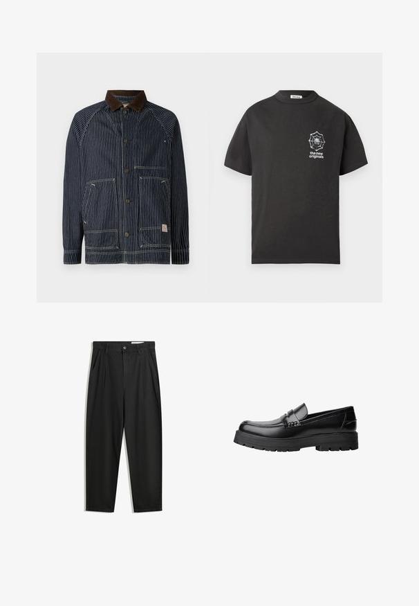 Marine gestreepte werkjas met een bruine corduroy kraag, uitgerust met twee voorzakken en knoopsluitingen, vervaardigd uit duurzaam materiaal.; Zwarte katoenen t-shirt met een ronde hals en korte mouwen. Heeft een spinnennestafbeelding in het wit op de linkerborst. Eenvoudig en casual ontwerp.; Zwarte katoenen broeken met een losse pasvorm, voorzien van een klassieke tailleband, voorplooien en zijzakken. Gladde structuur zonder patronen.; Zwarte leren loafer met een chunky profielzool en een decoratieve band over de bovenkant, weergegeven in het linkerzijprofiel op een witte achtergrond.