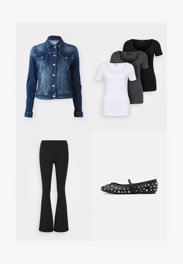Tamno plava traper jakna s izblijedjelim završetkom. Sadrži dva džepa na prsima, srebrne gumbe i klasičan ovratnik. Teksturirana tkanina.; Tri fitted T-shirtovi u bijeloj, sivoj i crnoj boji. Svaki ima široki izrez na vratu i kratke rukave. Napravljen od glatkoga, rastezljivog materijala.; Crne trapezaste hlače od rastezljivog materijala, sa visokim pojasom i glatkom teksturom. Hlače se šire od koljena.; Crne balerinke od kože, ukrašene dekorativnim srebrnim čavlima. Imaju trakicu preko instep-a i dizajn sa zaobljenim vrhom.