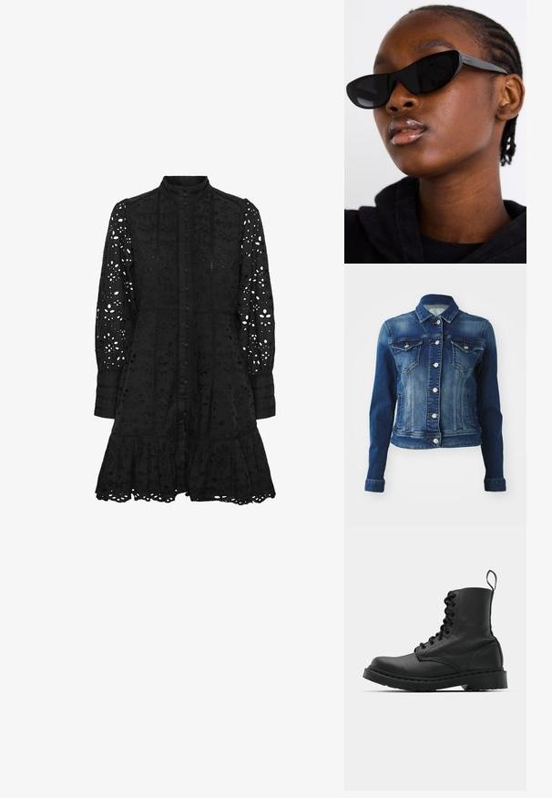 Giacca di jeans blu scuro con una finitura sbiadita. Presenta due tasche sul petto, bottoni argentati e un colletto classico. Tessuto con texture.; Tre canotte in verde menta, nero e beige; realizzate in tessuto a coste con scollatura rotonda e senza maniche. Etichetta del brand visibile.; Vestito nero ricamato con colletto alto, abbottonatura frontale, maniche lunghe e orlo arricciato. Presenta motivi floreali e geometrici intagliati.; Stivale da combattimento in pelle nera con punta tonda, chiusura con lacci e linguetta alla caviglia. Presenta una suola in gomma spessa per durabilità.; Occhiali da sole a forma di occhio di gatto neri con finitura opaca, caratterizzati da un design elegante e bordi leggermente curvi, posizionati su un indumento scuro indossato da un modello.; Orecchini a cerchio in argento con una finitura liscia e lucida. Forma rotonda e chiusura a scatto sicura. Design leggero adatto per l'uso quotidiano.