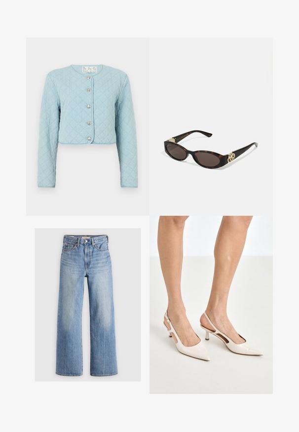 Lyseblå quiltet cropped jakke med lange ermer, rund hals og fem blanke knappelukkinger foran.; Hvit knapp-up skjorte laget av glatt bomull med klassisk krage, med rett falden og beige knapper foran.; Lys blå denim vidbenede jeans med høj talje, falmede områder, fem lommer og kontraststikning. Klassisk knap- og lynlåslukning.; Beige patent lærstøvletter med spidse tå og 5 cm hæl, med udskårne sider og en tynd ankelrem.; Skilpadde-solbriller med avlange ovale linser, brun tint, gull-logo aksenter på stengene og elegante svarte armer.; Svart totebag laget av stoff, med en fremtredende preget logo i et sirkulært design. Glatt tekstur med kontrasterende lærdetaljer.