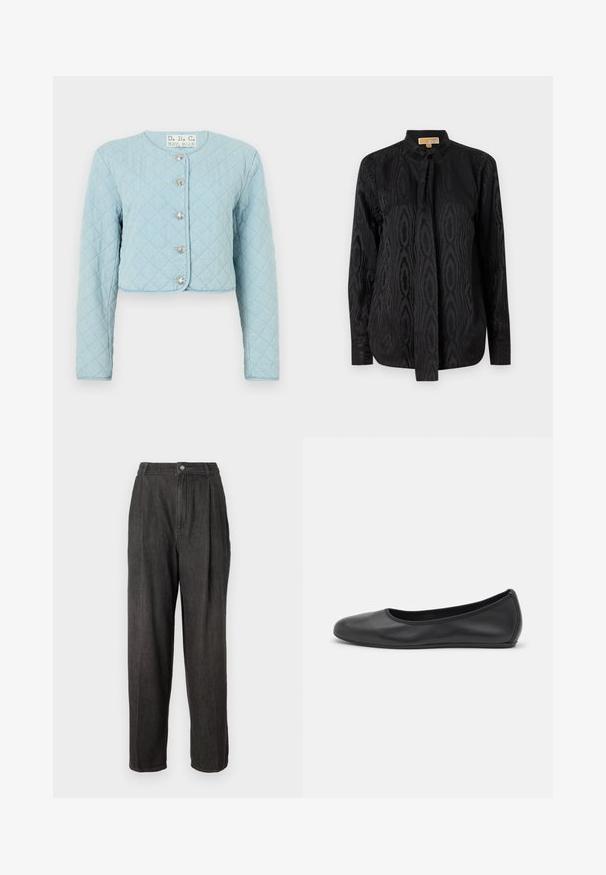 Vaaleansininen tikattu lyhyt takki pitkillä hihoilla, jossa on pyöreä pääntie ja viisi kiiltävää napinläpeä edessä.; Mustat puserot, jotka on valmistettu sileästä kankaasta, sisältävät hienovaraisen sävyllisen kuvion, pitkät hihat, pystykauluksen ja nauhasuljin kaulassa.; Tummanharmaat farkut korkealla vyötäröllä, etupuolella laskokset, suorat lahkeet ja yksittäinen nappisuljenta vyötäröllä.; Musta nahkainen ballerina, jossa on pyöristetty kärki, sileä pinta, minimaalinen ommelkoristelu ja joustava pohjamuotoilu.