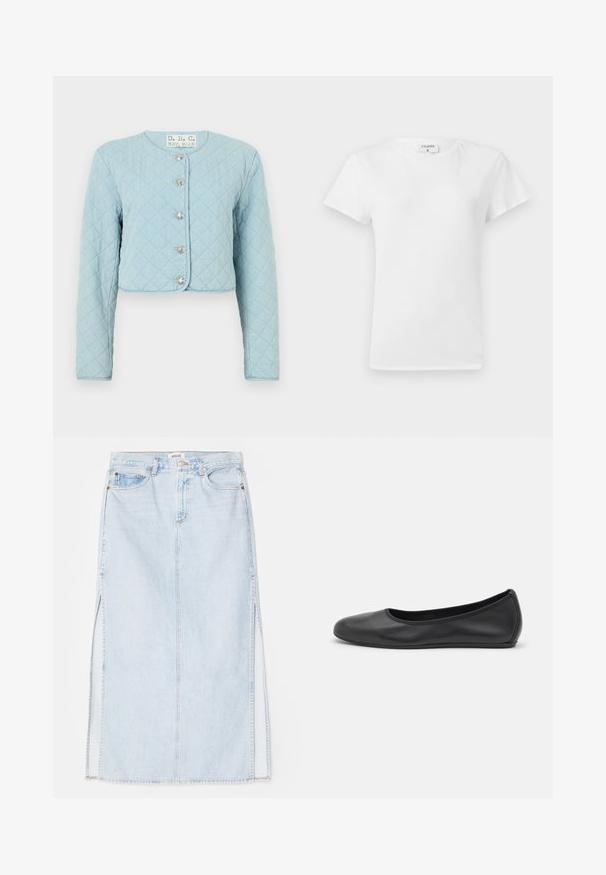 Giacca cropped trapuntata azzurra chiaro con maniche lunghe, dotata di scollatura rotonda e cinque bottoni lucidi di chiusura sul davanti.; T-shirt bianco in cotone con colletto a girocollo e maniche corte, caratterizzato da una vestibilità rilassata e un design minimalista. Etichetta visibile sul collo.; Gonna maxi in denim azzurro chiaro con taglio dritto, dotata di spacchi laterali e design a cinque tasche. Cuciture in evidenza e chiusura con bottone in metallo.; Pantofole da balletto nere in pelle con punta arrotondata, texture liscia, dettagli di cucitura minimi e design con suola flessibile.