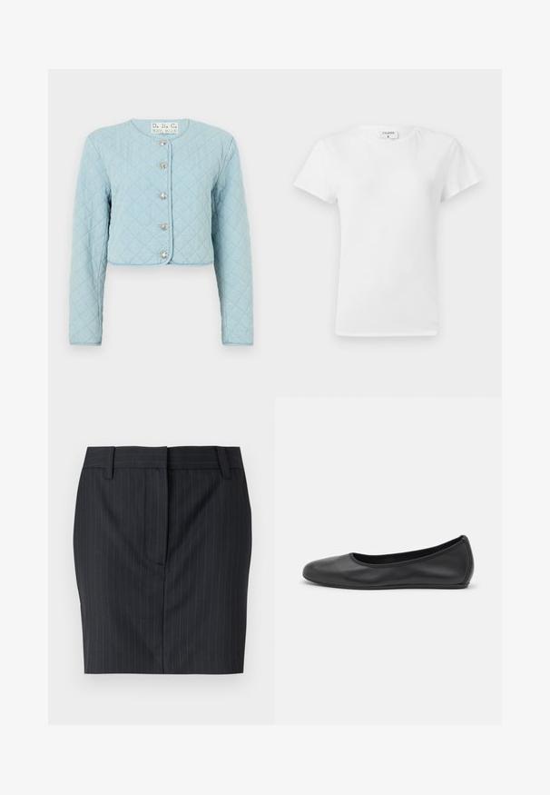 Világoskék steppelt, rövidített dzseki hosszú ujjal, kerek nyakkivágással és öt fényes gombbal az elején.; Fehér pamut póló kerek nyakkivágással és rövid ujjal, laza fazonban és minimalista dizájnnal. A címke látható a nyakán.; Fekete csíkos, testre szabott szoknya övhurkokkal és rejtett elülső záródással, fehér háttér előtt bemutatva.; Fekete bőr balettcipő lekerekített orral, sima tekstúrával, minimális varrással és rugalmas talp kialakítással.