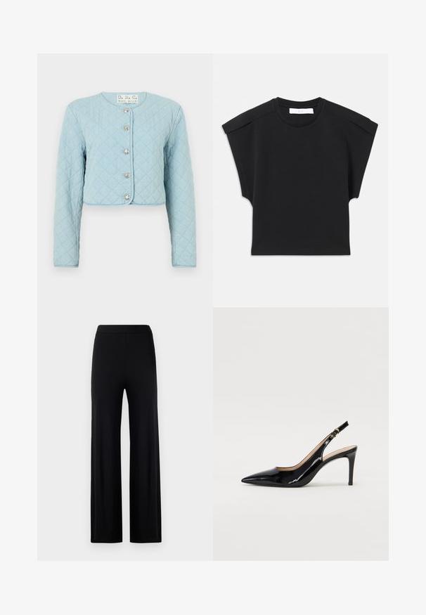 Světle modrá prošívaná zkrácená bunda s dlouhými rukávy, má kulatý výstřih a vpředu pět lesklých knoflíkových zapínání.; Černý krátký rukáv top s kulatým výstřihem a detaily na ramenou, položený na bílé pozadí.; Černé kalhoty s širokými nohavicemi vyrobené z hladké, elastické látky. Mají elastický pas a žádné viditelné zapínání ani kapsy.; Černé lakované slingback lodičky s špičatou špičkou, úzkým podpatkem a jemným výřezem. Obsahují zlatou sponu na řemínku.