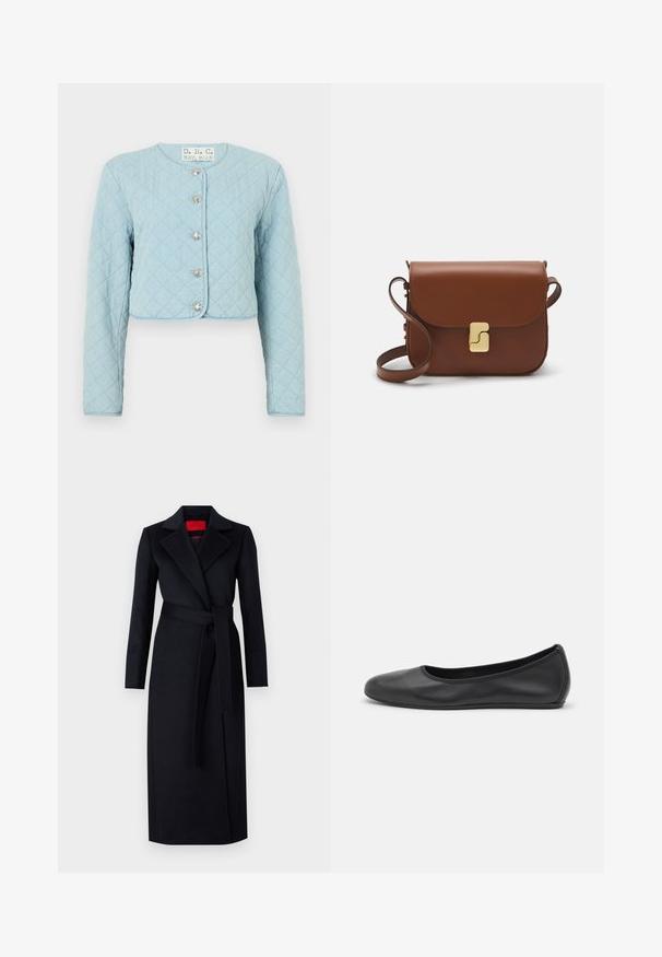 Hele sinine tikitud lühike jakk pikkade varrukatega, ümmarguse kaelusega ja viie läikiva nööpiga esiosas.; Valge lühikeste varrukatega T-särk ribatud kangast. Ümara kaelusega, tavalisest sobivusest ja peente õmbluse detailidega. Ilma mustrite või graafikateta.; Must musta mantel pikkade varrukatega, mähise disainiga ja sobiva vööga. Valmistatud siledast kangast, omab nurgelisi krae ja küljetaskuid.; Musthave mustika tantsutossud mustast nahast, ümmarguse varbaga, siledast tekstuurist, minimaalse õmblusdetailiga ja paindliku tallakujundusega.; Pruunist nahast käekott, millel on klapiga sulgur, kuldne riistvara, õlarihm ja sile tekstuur. Kompaktne ristkülikukujuline vorm.