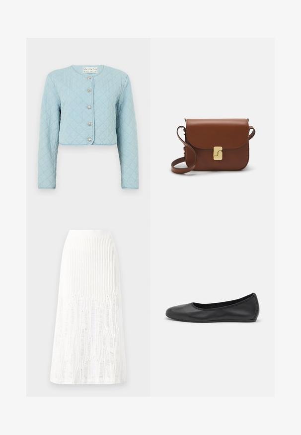 Chaqueta corta acolchada de color azul claro con mangas largas, que presenta un cuello redondo y cinco cierres de botones brillantes en la parte delantera.; Camiseta de manga corta blanca hecha de tela de canalé. Cuello redondo, corte regular y detalles de costura sutiles. Sin patrones ni gráficos.; Falda midi de punto blanca que presenta un patrón texturizado con líneas verticales y detalles recortados cerca del bajo. Cintura elástica. Material suave.; Bailarina de piel negra con punta redondeada, textura suave, detalle de costura minimalista y diseño de suela flexible.; Bolso de mano de cuero marrón con cierre de solapa, herrajes en tono dorado, correa para el hombro y una textura suave. Forma rectangular compacta.