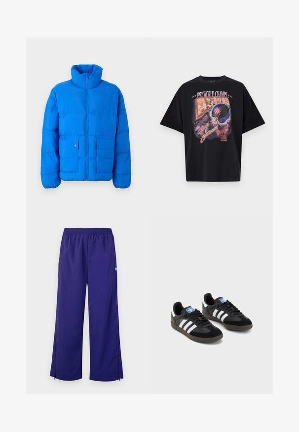 Blå puffjacka med hög krage, dragkedja framtill och två tryckknappsfickor. Har en quiltad textur och elastiska ärmslut.; Svart t-shirt i bomull med grafiskt tryck av "1972 WORLD CHAMPS", en hjälmdesign och "The Clash of Centuries" i livfulla färger.; Lila, lätta träningsbyxor med elastisk midja och sidogläpplar nära fållen. Slät textur med en subtil lyster.; Svarta sneakers med övre del av mocka och syntetmaterial, med tre vita ränder, texturerad gummisula och blå logotags på tungan.