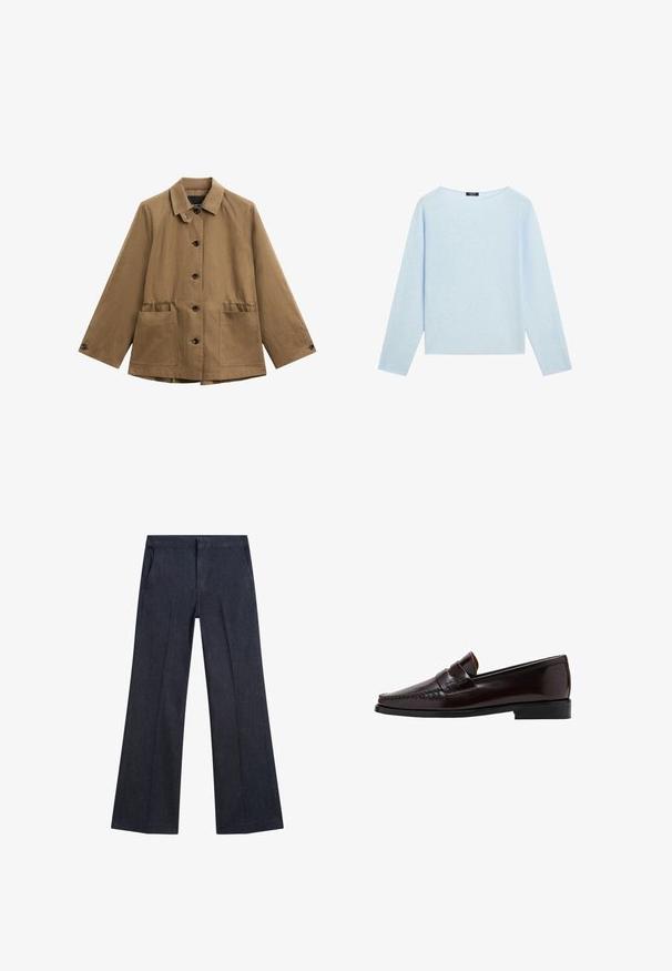 Brun, let jakke med klassisk krave, frontknaplukning og to store påsatte lommer. Har en afslappet pasform og tekstureret stof.; Lyseblå langærmet sweater med bred bådudskæring og lige kant, vist på en hvid baggrund.; Mørkeblå denim bukser med vide ben, forlommer, en glat tekstur og en flad talje. Har skræddersyede folder på benene.; Brun læder loafersko med en mokkasinstil foran, hævet syning langs vampskæringen og en lav sort gummisål. Glat, poleret finish.