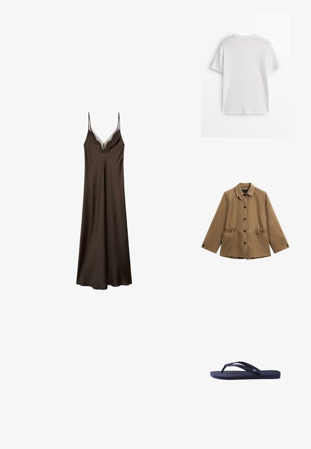 Bruine, lichte jas met een klassieke kraag, sluiting met knopen aan de voorkant en twee grote opgestikte zakken. Heeft een relaxte pasvorm en een gestructureerde stof.; Wit katoenen T-shirt met korte mouwen, een ronde hals en een gladde textuur. De achterkant is effen zonder extra patronen of ontwerpen.; Koffee satijnen slipdress met kant detail rond de halslijn, dunne verstelbare bandjes en een relaxte pasvorm, met een gladde, zachte textuur.; Navyblauwe flip-flops met een textuur op de rubberen banden en zool, met een golvend patroon op de banden en een vlakke, gegroefde zool.