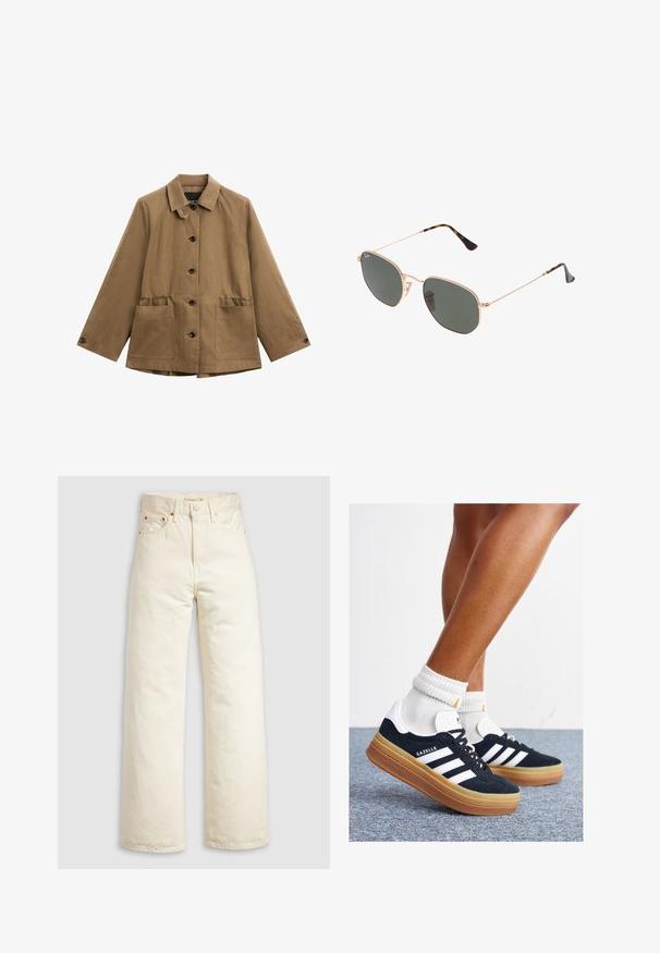 Brun, let jakke med klassisk krave, frontknaplukning og to store påsatte lommer. Har en afslappet pasform og tekstureret stof.; Hvid langærmet top med bred rund halsudskæring, sideslids og et glat, let stof, der har et simpelt, minimalistisk design.; Vidbenede jeans i offwhite denim med høj talje, kobbernitter og klassisk design med fem lommer. Struktureret stof med rene kanter.; Sorte sneakers i ruskind med hvide striber og detaljer, rundet tå, ydersål i gummi, kombineret med hvide ribstrikkede crew sokker.; Guldmetallisk brille med mørkegrønne linser, aviator-stil, med slanke arme og skildpadde-mønstrede detaljer på spidserne.
