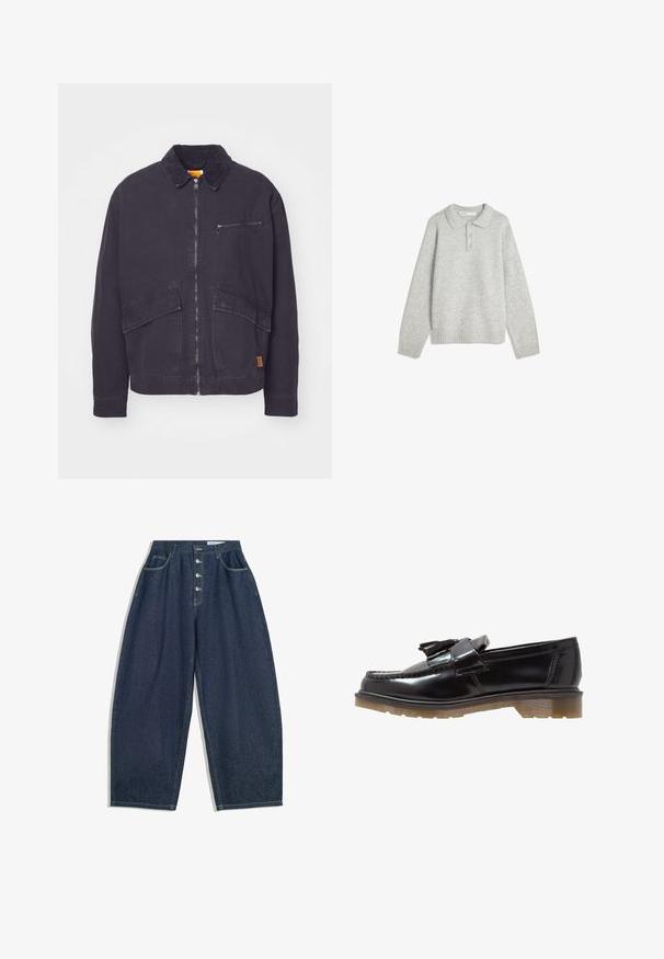 Czarnoniebieska kurtka z kołnierzem z sztruksu, z przodu zapinana na zamek, z dwiema dużymi kieszeniami naszytymi. Posiada kieszeń na piersi zapinaną na zamek oraz subtelne logo.; Szary dzianinowy sweter z kołnierzykiem, trzema przyciskami z przodu oraz ribbed dołem. Tkanina wydaje się być miękka i teksturowana, z luźnym krojem.; Granatowe, dżinsowe spodnie w szerokim kroju z wysokim stanem, pięcioma guzikami i pięcioma kieszeniami. Posiadają przeszycia na szwach.; Czarne lakierowane loafersy ze splotem, z akcentem w postaci frędzli oraz masywną, teksturowaną gumową podeszwą. Widok z boku podkreśla smukłą sylwetkę.
