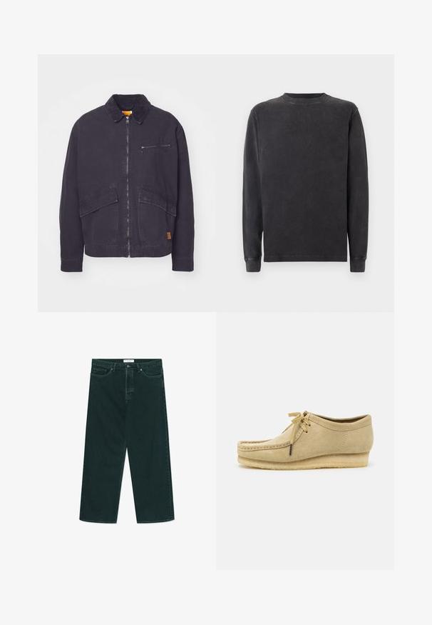 Temno moderna jakna s žametnim ovratnikom, zadrgo spredaj in dvema velikima žepek. Ima tudi žep z zadrgo na prsih in diskretno blagovno znamenje.; Pulover z dolgimi rokavi in okroglim ovratnikom v temno sivi barvi, izdelan iz mehke mešanice bombaža. Ima rebraste manšete in ovratnik ter gladko, nekoliko teksturirano površino.; Temno zelene široke jeans hlače iz denima z gumbom in zadrgo, sprednjimi žepi in zankami za pas, razprostrte na beli podlagi.; Bež antilop čevlj za vezivanje, z vmesnimi šivi in gumijastim podplatom. Oblika je sproščena z rahlo višanjem pete.