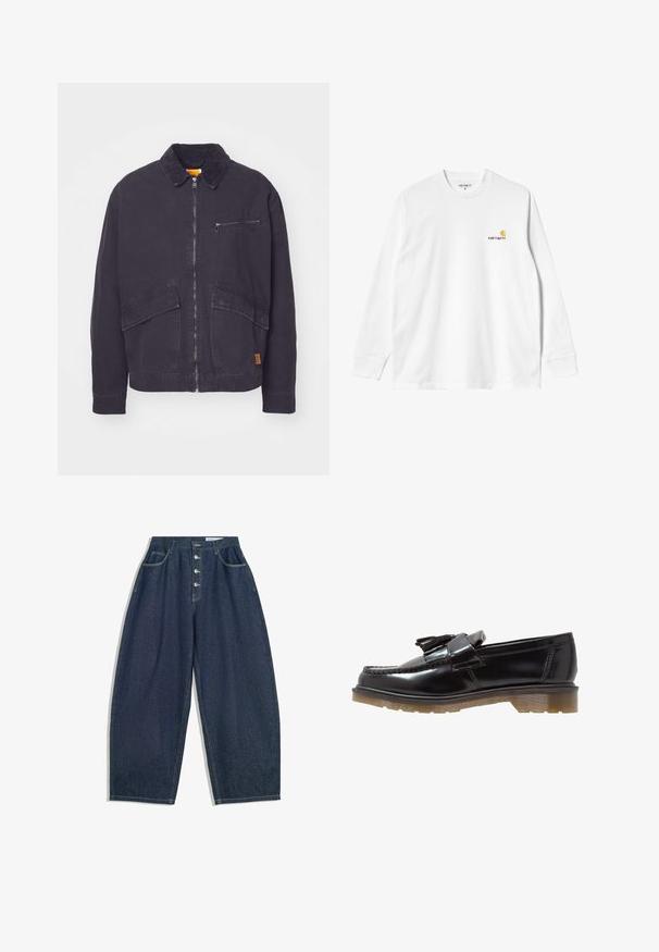 Dark navy jacket with a corduroy collar, front zip closure, and two large patch pockets. Features a zippered chest pocket and subtle branding.; Long-sleeve white cotton T-shirt with a crew neck, featuring a small yellow and burgundy logo on the left chest. Seamless cuffs and hem.; Dark blue denim wide-leg trousers with a high waist, five-button closure, and five pockets. Features stitching accents on seams.; Black patent leather loafers with a braided design, tassel accent, and a chunky, textured rubber sole. Side view showcases sleek silhouette.