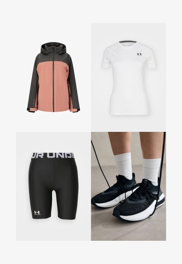 Wasserdichte Jacke mit einem grauen und rosa Farbblockdesign. Verfügt über eine Kapuze, einen Reißverschluss vorne und verstellbare Bündchen. Hergestellt aus einem glatten, strapazierfähigen Material.; Weißes kurzärmliges Sport-T-Shirt aus glattem Stoff, mit einem schwarzen Under Armour-Logo auf der oberen linken Brust und einem runden Ausschnitt.; Schwarze Sportshorts mit taillierter Passform aus glattem Material. Verfügt über einen breiten elastischen Bund mit dem Aufdruck "UNDER ARMOUR" und dem Logo.; Schwarze Sportschuhe aus strukturiertem Stoff, mit weißer Sohle und schwarzen Schnürsenkeln. Tragen mit weißen gerippten Socken, stehen auf einer hellen Fläche.