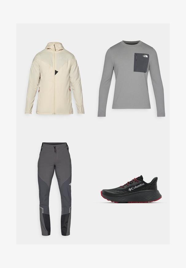 Bež jakna lagana s dugim rukavima, zatvaranjem na zip, podesivim kapuljačom i trokutastim crnim akcentom na prsima. Ima bočne džepove sa zatvaranjem na zip.; Siva košulja dugih rukava od teksturiranog materijala, s tamnosivom džepom na prsima i zatvaranjem na patentni zatvarač. Na džepu je logo u bijeloj boji.; Sive hlače za planinarenje koje imaju sužen dizajn, više džepova i kontrastne tamnosive i crne akcentne detalje. Izrađene su od fleksibilnog, izdržljivog materijala.; Crne sportske cipele s teksturiranim gornjim dijelom, crvenim vezicama i logom. Debeli đon s uzorkom za prianjanje. Minimalistički dizajn, bočni prikaz.