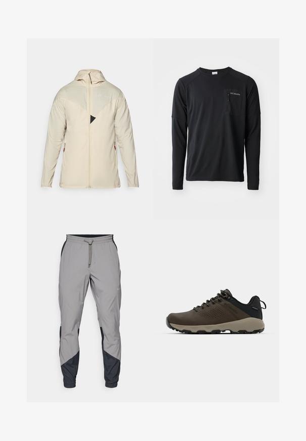 Chaqueta beige ligera con mangas largas, cierre de cremallera, capucha ajustable y un acento triangular negro en el pecho. Cuenta con bolsillos laterales con cremallera.; Columbia COLUMBIA TECH™ LONG SLEEVE CREW - Camiseta de manga larga - black; Pantalones deportivos ligeros y grises con acentos negros. Cintura elástica, cierre con cordón, diseño de pierna ajustada y bolsillos laterales.; Zapatillas impermeables marrones con parte superior texturizada, acentos perforados, soporte para el talón negro y suela de goma gris. Los cordones tienen extremos metálicos.