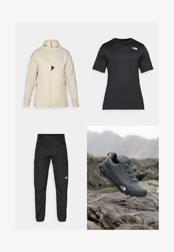 Giacca leggera beige con maniche lunghe, chiusura con zip, cappuccio regolabile e un accento triangolare nero sul petto. Presenta tasche laterali con zip.; T-shirt nero a maniche corte realizzato in tessuto leggero e traspirante. Presenta un logo bianco sul lato sinistro del petto e un collo a giro.; The North Face HORIZON PANT - Pantaloni outdoor - black; Scarpa da trail running grigia con tomaia testurizzata, suola in gomma resistente e punta rinforzata. Presenta lacci e logo del marchio sul lato.