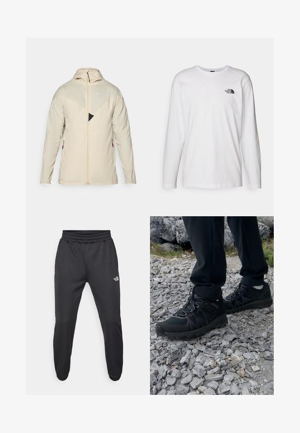 Beige, kevyt takki pitkillä hihoilla, vetoketjukiinnitys, säädettävä huppu ja kolmionmuotoinen musta yksityiskohta rinnassa. Sisältää sivuvetoketjutaskut.; Valkoinen pitkähihaisen T-paita, joka on valmistettu puuvillasta ja jossa on pyöreä kaula-aukko. Rintamuksessa on pieni musta logo. Sileä kangas, normaali malli.; Mustat collegehousut, joissa on nauhakuomu vyötäröllä, kapeneva fit, elastiset hihansuut ja pieni valkoinen logo vasemmassa reidessä, valmistettu sileästä kankaasta.; Mustat ulkokengät, joissa on verkko- ja synteettinen materiaali, teksturoitu päällinen, varma nauhoitusjärjestelmä ja kestävä pohja kivikkoisella maastolla.