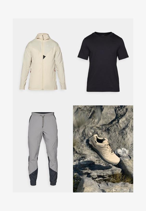 Μπεζ, ελαφρύ μπουφάν με μακριά μανίκια, κλείσιμο με φερμουάρ, ρυθμιζόμενη κουκούλα και τριγωνική μαύρη λεπτομέρεια στο στήθος. Διαθέτει πλευρικές τσέπες με φερμουάρ.; Μαύρο T-shirt κατασκευασμένο από απαλή ύφανση, με στρογγυλή λαιμόκοψη και κοντά μανίκια. Διακριτική εκτύπωση λογότυπου σε μαύρο χρώμα στο στήθος.; Ελαφρύ γκρι αθλητικό παντελόνι με μαύρες λεπτομέρειες. Ελαστική μέση, κλείσιμο με κορδόνι, σχέδιο με στενό πόδι και πλαϊνές τσέπες.; Μπεζ αθλητικό παπούτσι τρεξίματος Salomon στον αέρα πάνω από βραχώδη εξωτερικό έδαφος με διασκορπισμένο γρασίδι και μικρές πέτρες.
