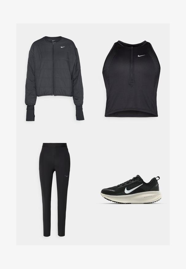 Černá zkrácená péřová bunda s vysokým límcem, předním zipem a dlouhými rukávy. Má prošívanou texturu a malé bílé logo na hrudi.; Černý sportovní crop top se zipem vpředu, síťovými detaily a přiléhavým střihem. Vyrobený z elastického, prodyšného materiálu. Logo Nike na přední straně.; Černé sportovní kalhoty vyrobené z elastického materiálu, s přiléhavým střihem, elastickým pasem a jemným detailem loga poblíž boků.; Černá běžecká obuv Nike s prodyšným síťovaným svrškem, bílým logem swoosh, texturovanými detaily a krémovou mezipodešví ZoomX.