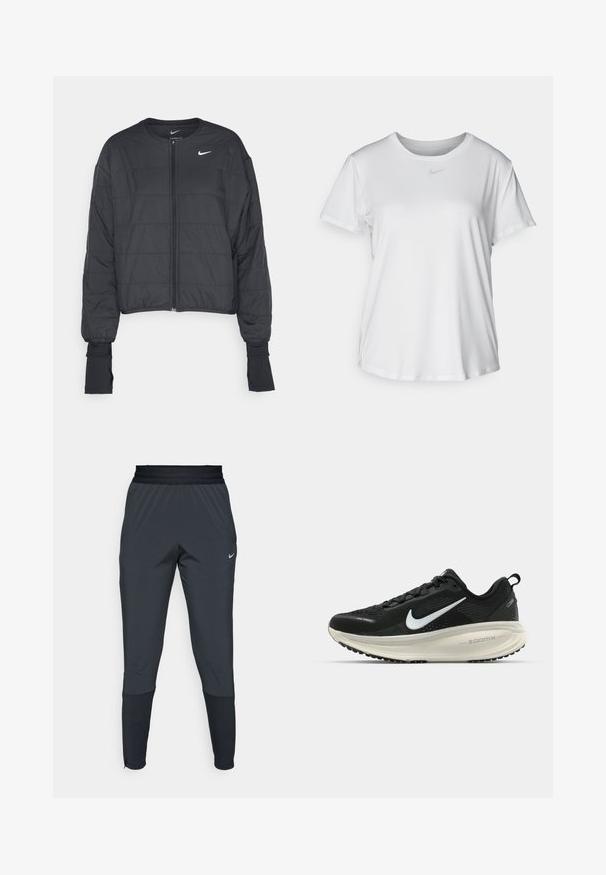 Črna skrajšana puhvasta jakna z visokim ovratnikom, sprednjim zadrgo in dolgimi rokavi. Ima prešito teksturo in majhen bel logotip na prsih.; Bela kratka majica s kratkimi rokavi, izdelana iz gladkega blaga, z okroglim izrezom in majhnim sivim logotipom Nike na prsih.; Nike športne hlače v temno sivi barvi, s taperiranim krojem, elastičnim pasom in dodatnimi detajli blizu manšet.; Črne Nike tekaške čevlje z zračno mrežno zgornjim delom, belim logotipom Swoosh, teksturiranimi detajli in smetanasto barvnim srednjim delom ZoomX.