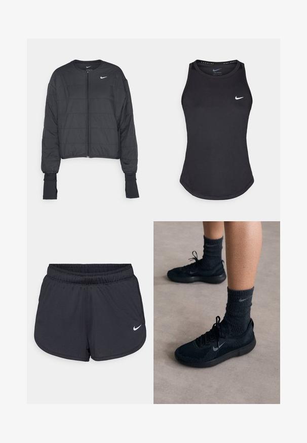 Casaco corto de puffer preto com colarinho alto, fecho de correr frontal e mangas longas. Apresenta textura acolchoada e um pequeno logotipo branco no peito.; Top de desporto preto, feito de material que absorve a humidade. Apresenta um decote redondo, corte slim e o logótipo branco da Nike no peito.; Calções atléticos pretos feitos de um tecido leve e respirável. Apresenta uma cintura elástica e o logótipo da Nike em branco no canto inferior direito.; Sapatilhas Nike pretas com um upper de malha texturizada, apresentando um logo Swoosh cinza, combinadas com meias caneladas escuras. Sola de borracha plana.