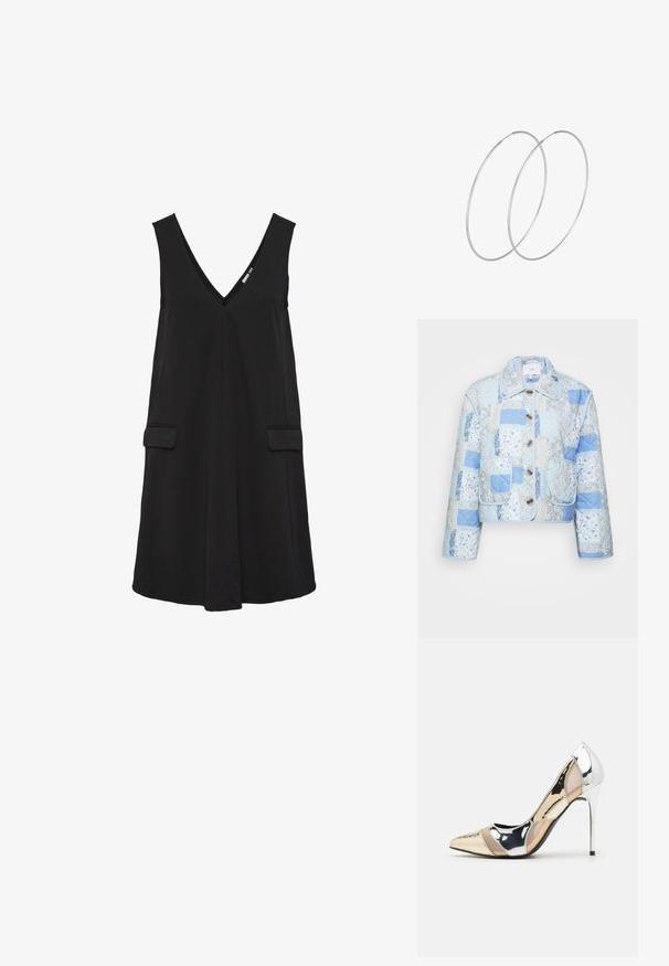 YAS LELOU PADDED JACKET - Viegla jaka - blue; Melna bez piedurknēm, V-veida kakla kleita ar priekšējiem kabatām un A-veida siluetu.; Apspīlēta augstpapēžu kurpe ar zeltītu, sudrabi un neitrālu krāsu kombināciju. Spīguļojoša virsma ar izgriezuma dizainu, aprīkota ar stiletto papēdi.; Sudraba metāliska poga somiņa ar mīkstu, noapaļotu formu un mezgla augšējo aizdari. Izgatavota no gludas mākslīgās ādas materiāla.; Sudraba gredzenveida auskari ar minimālistisku dizainu. Cirkulāra forma, gluda tekstūra un plāns profils. Vieglu svaru ar spīdīgu apdari.