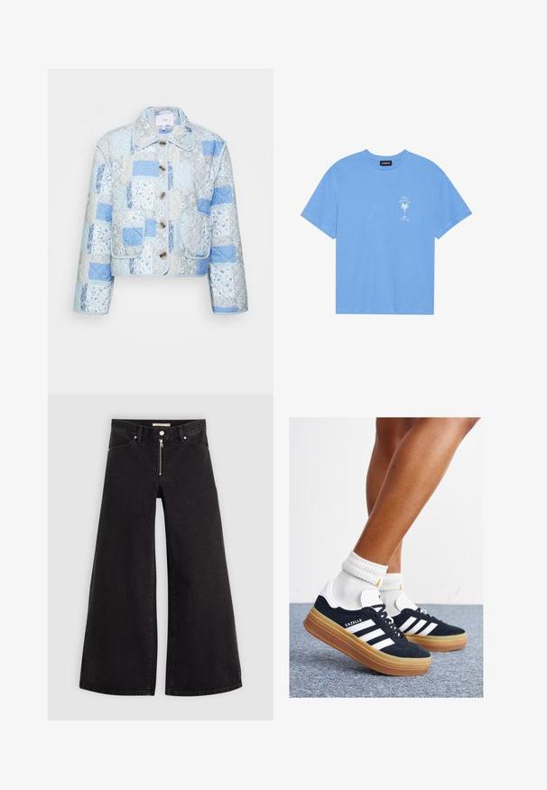 YAS LELOU PADDED JACKET - Jachetă subțire - blue; Tricou din bumbac de culoare albastru deschis, cu guler rotund. Prezintă o grafică albă a unei palmieri și text în zona stângă a pieptului. Mâneci scurte.; Jeans cu picioare largi din denim negru, cu fermoar în față, design cu cinci buzunare și detalii subtile de cusătură. Textură netedă și stil casual.; Adidași negri din piele întoarsă cu dungi și accente albe, vârf rotund, talpă de cauciuc gumă, asortați cu șosete albe cu model nervurat.
