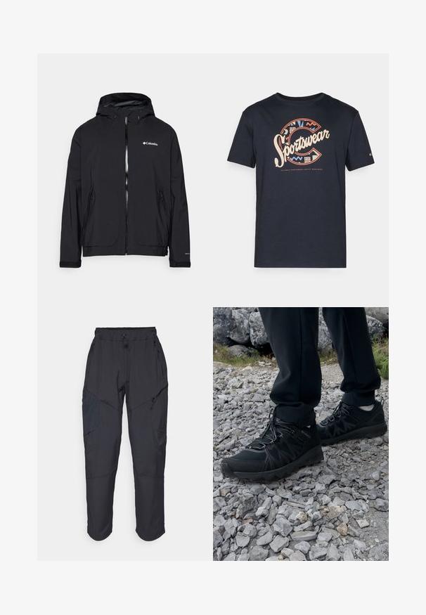 Columbia ALTBOUND™ JACKET - Veste softshell - black; T-shirt en coton bleu marine avec un grand motif coloré "Sportswear" comportant des motifs géométriques et la lettre "C" sur le devant.; Pantalons cargo noirs en matériau léger et résistant à l'eau ; dotés d'une taille élastique, de plusieurs poches zippées et de jambes fuselées.; Chaussures d'extérieur noires en matériau synthétique et en maille, présentant une tige texturée, un système de lacets sécurisé et une semelle extérieure robuste, sur un terrain rocailleux.