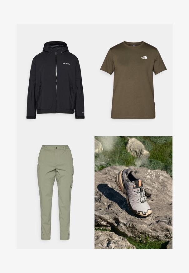 Columbia ALTBOUND™ JACKET - Softshelljacke - black; Olivegrünes Baumwoll-T-Shirt mit kurzen Ärmeln, Rundhalsausschnitt und einem weißen Logo auf der linken Brust. Glattes Stoffgefühl, normale Passform.; Helle olivgrüne Cargo-Hose mit geradem Bein, vorderem Knopfverschluss und seitlichen Taschen für Funktionalität. Glattes, strapazierfähiges Material.; Hellgrauer Trailrunningschuh mit beigen Akzenten, strukturiertem Obermaterial, schwarzen Schnürsenkeln und ausgeprägtem Profil an der Sohle. Mit Markenlogo.