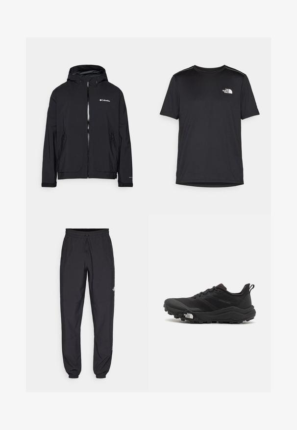 Columbia ALTBOUND™ JACKET - Giacca softshell - black; T-shirt nero a maniche corte realizzata in tessuto leggero. Presenta un piccolo logo bianco sul lato sinistro del petto e delicati dettagli sulle spalle.; Pantaloni sportivi neri realizzati in tessuto leggero, con vita regolabile con cordino, tasche laterali e orli affusolati alle caviglie.; Scarpa da trail running nera con tomaia texture, suola in gomma e punta rinforzata. Presenta un collare imbottito e un tassello per un indossamento facile.