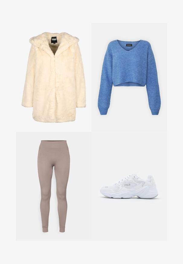 Kreminė dirbtinės odos striukė su gobtuvu, pasižyminti laisvu siluetu, ilgomis rankovėmis ir paslėptu priekinio uždarymo sprendimu, kad būtų kuo mažiau linijų. Minkšta tekstūra.; Mėlynas trumpas megztinis su V-formos iškirpte, rimtu tekstūru ir ilgomis rankovėmis. Pagamintas iš minkštos medžiagos. Etiketė: even&odd.; Ribotos leggingai švelnios taupe spalvos, su aukštu juosmeniu, lieknu siluetu ir siaurėjančiais kulkšnais. Pagaminti iš tekstūruoto, tamprios medžiagos.; Balta sportinė avalynė su tekstūruota tinkleliu viršuje, paminkštintu auliuku ir storu padu. Yra logotipas šone ir raištelių užsegimas.