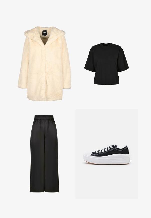 Cremefarvet faux fur frakke med hætte, der har en afslappet pasform, lange ærmer og en skjult lukning foran for et minimalistisk udtryk. Blød tekstur.; Sort cropped t-shirt lavet af bomuld. Har korte ærmer og rund halsudskæring. Glat tekstur med et enkelt design, ingen ekstra mønstre.; Sorte brede bukser lavet af glat, skinnende stof med elastisk talje og uden synlige lommer eller hardwaredetaljer.; Sorte kanvas sneakers med hvide snørebånd, hvid gummitåhætte og en kraftig hvid mellemsål. Har diskret hvid syning og en gummisål.