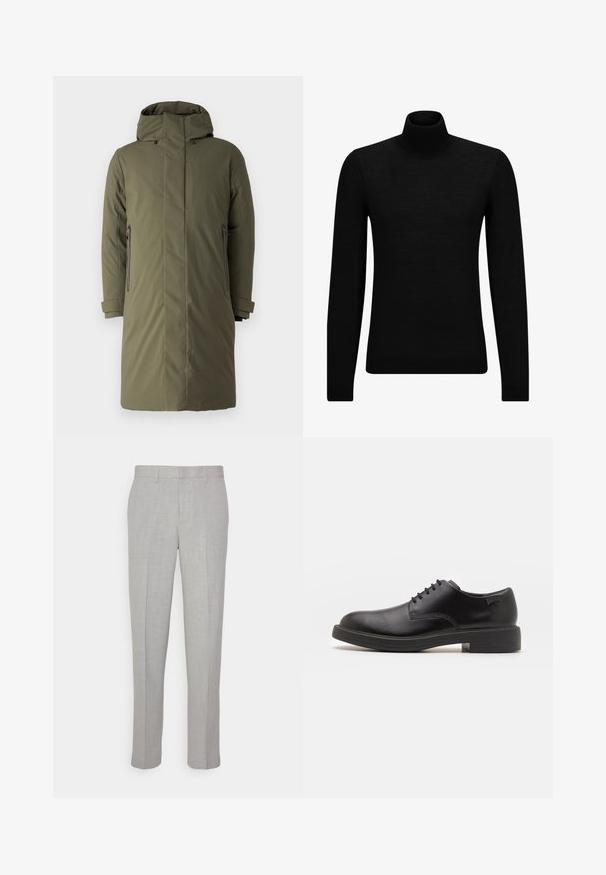 Olivgrüne gepolsterte Parka-Jacke mit hohem Kragen und verstellbarer Kapuze, ausgestattet mit zwei seitlichen Reißverschlusstaschen und einem geraden Schnitt.; Schwarzer Rollkragenpullover aus weichem Material mit langen Ärmeln und enger Passform. Rippbesatz am Saum und an den Bündchen. Einfaches Design.; Hellgraue Hose mit glatter Textur, flachem Front und geraden Beinen. Aus atmungsaktivem Material gefertigt, mit Innentaschen und Gürtelschlaufen.; Schwarzer Leder-Schnürschuh mit abgerundetem Zeh, glatter Textur, minimaler Naht und niedrigem Gummiabsatz. Logo auf der Ferse.