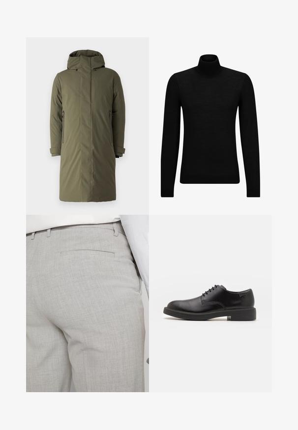 Olive green padded parka jacket with a high collar and adjustable hood, featuring two zippered side pockets and a straight-cut design.; Black turtleneck sweater made of soft material, featuring long sleeves and a snug fit. Ribbed trim at the hem and cuffs. Simple design.; Light gray tailored trousers made of textured fabric, featuring a single back pocket and clean stitching.; Black leather lace-up shoe with a rounded toe, smooth texture, minimal stitching, and a low rubber heel. Logo on the heel.