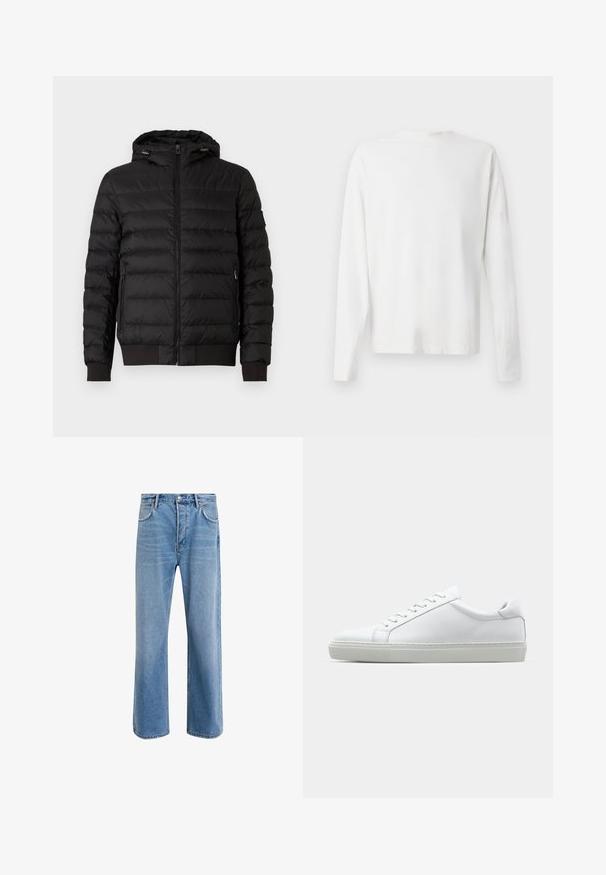 Črna prešita puhovka s kapuco, poln sprednji zadrgo, z zadrgo zaprte stranske žepe ter rebrastimi manšetami in robom.; Bela bombažna srajca z dolgimi rokavi in okroglo ovratnikom, z bočnimi razporki na dnu in gladko teksturo, prikazana s hrbtne strani.; Svetlo modre denim kavbojke s ravno nogavico, petimi žepi, z gumbom za zapiranje, minimalnim zbledelostjo in kontrastnimi šivi.; Bela športna obutev z gladkim usnjenim zgornjim delom in nizkim profilom. Ima zaokrožen nos, šest lukenj za vezalke in teksturiran gumijast podplat.