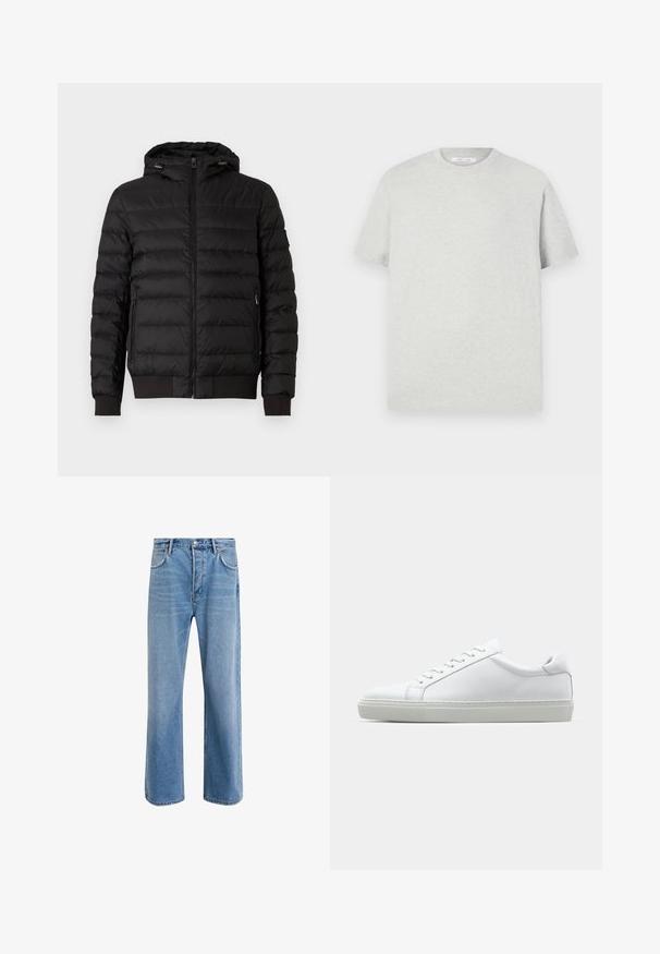 Sort quiltet pufferjakke med hætte, fuld frontlynlås, lynlåslommer på siderne og ribbede manchetter og kant.; Lys grå kortærmet t-shirt lavet af blødt materiale, med en rund halsudskæring og en afslappet pasform uden synlige mønstre eller detaljer.; Lyseblå denim jeans med lige ben-design, fem lommer, knaplukning, minimal falming og kontraststingdetaljer.; Hvide sneakers med en glat læderoverdel og lav profil. Har en rund tå, seks snørehuller og en tekstureret gummisål.