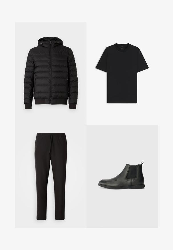 Zwart gewatteerd pufferjack met capuchon, volledige rits aan de voorkant, ritszakken aan de zijkanten en ribgebreide manchetten en onderrand.; Zwarte korte mouwen T-shirt van een gladde katoenmix, met een ronde halslijn en een minimalistisch ontwerp zonder patronen of accenten.; Zwarte joggingsbroek van gladde stof. Kenmerkt zich door een elastische tailleband met een trekkoord, taps toelopende benen en geen zichtbare zakken. Eenvoudig ontwerp.; Zwarte leren enkelboots met een gladde textuur, elastische zijpanelen en een trekband aan de achterkant. Rondneus en rubberen zool.
