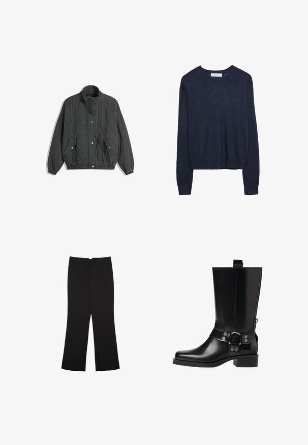 Černá prošívaná bunda s vysokým límcem, předním zapínáním na cvoky, dvěma klopovými kapsami se cvokovými uzávěry a elastickými manžetami a lemem.; Námořnický modrý pletený svetr s kulatým výstřihem a dlouhými rukávy, který má mírně zkrácený lem a žebrované manžety pro zvýšení textury.; Černé kalhoty s rovným střihem, s předními kapsami a bočními rozparky na lemu. Vyrobené z jemné, hladké tkaniny. Vhodné na různé příležitosti.; Černá kožená vysoká bunda s špičatou špičkou, stříbrnými sponami a robustní podešví. Obsahuje poutko pro snadné obutí.