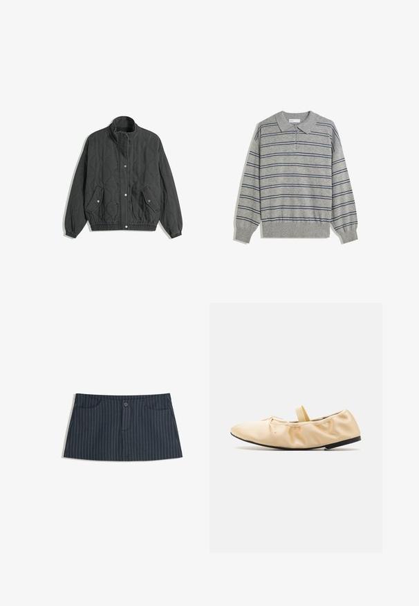 Veste matelassée noire avec col montant, fermeture à bouton-pression sur le devant, deux poches à rabat avec fermetures à bouton-pression, et poignets et ourlet élastiques.; Pullover polo gris à manches longues avec un col, présentant des rayures horizontales bleu marine et un plastron à boutons au niveau du col. Texture douce.; Mini jupe à rayures bleu marine avec poches avant et une fermeture à un bouton à la taille.; Proenza Schouler GLOVE BALLET FLATS - Babies - light/pastel yellow