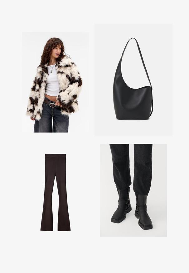 Jachetă din blană artificială cu un model de dungi crem și maro, mâneci lungi și o croială lejeră, completată de un top alb și blugi închiși la culoare.; Pulover scurt de culoare crem, realizat dintr-un material moale și texturat, cu mâneci lungi și guler rotund. Design minimalist, fără elemente metalice sau modele vizibile.; Bershka Pantaloni - dark brown; Botoșei negri din piele, cu vârful pătrat, având o curea lata și detalii cu cataramă metalică. Botoșii au o talpă masivă și o textură netedă.; Geantă hobo din piele neagră, cu o textură netedă, formă curbată și un singur bretele ajustabil; are o deschidere largă în partea de sus.
