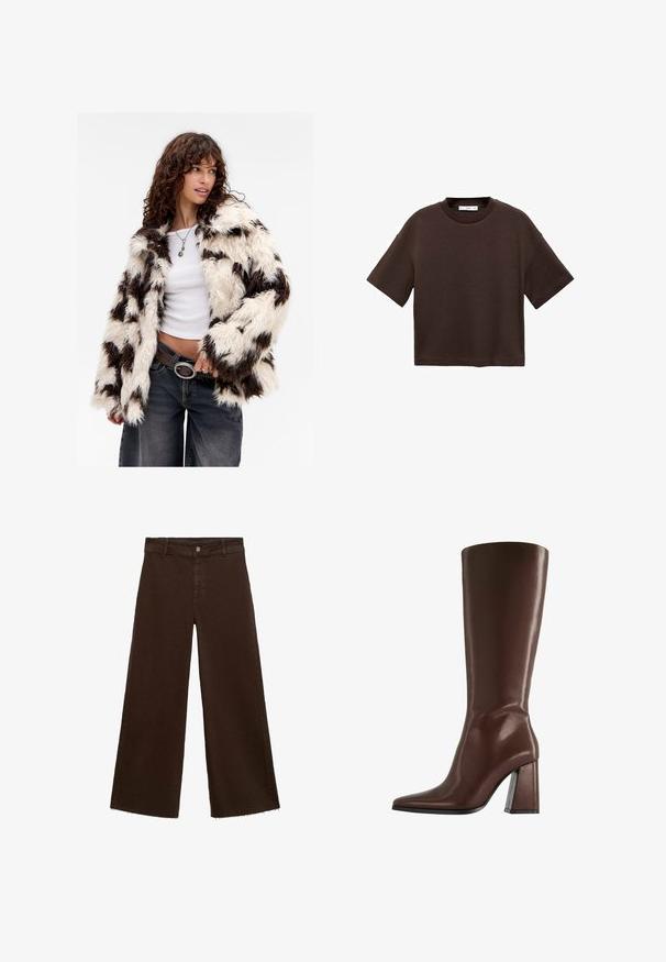 Faux fur jacket with a cream and brown striping pattern, long sleeves, and a relaxed fit, complemented by a white top and dark jeans.; Brown short-sleeve t-shirt made of soft cotton. Features a round neckline and a boxy fit, with a smooth texture and no visible patterns.; Brown wide-leg trousers in cotton blend, featuring a frayed hem, front button closure, and classic five-pocket design. Minimalistic and versatile.; Brown knee-high leather boot with pointed toe and chunky mid-height heel shown in side profile on white background.