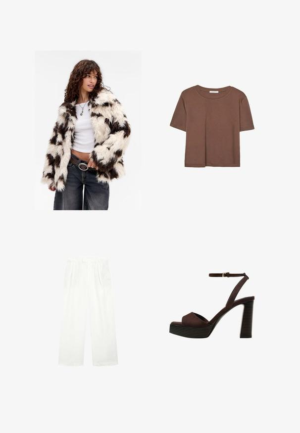 Faux fur-jacka med ett cremefärgat och brunt randmönster, långa ärmar och avslappnad passform, kompletterad med en vit topp och mörka jeans.; Brun kortärmad t-shirt i mjukt tyg, med rund halsringning och avslappnad passform. Inga synliga mönster eller detaljer.; Vita vida byxor i ett lätt tyg, med platt front, veck och midjeresår, som ger en lös och luftig passform.; Bruna mocka högklackade sandaler med öppen tå, justerbar vristrem och en randig plattformssula.