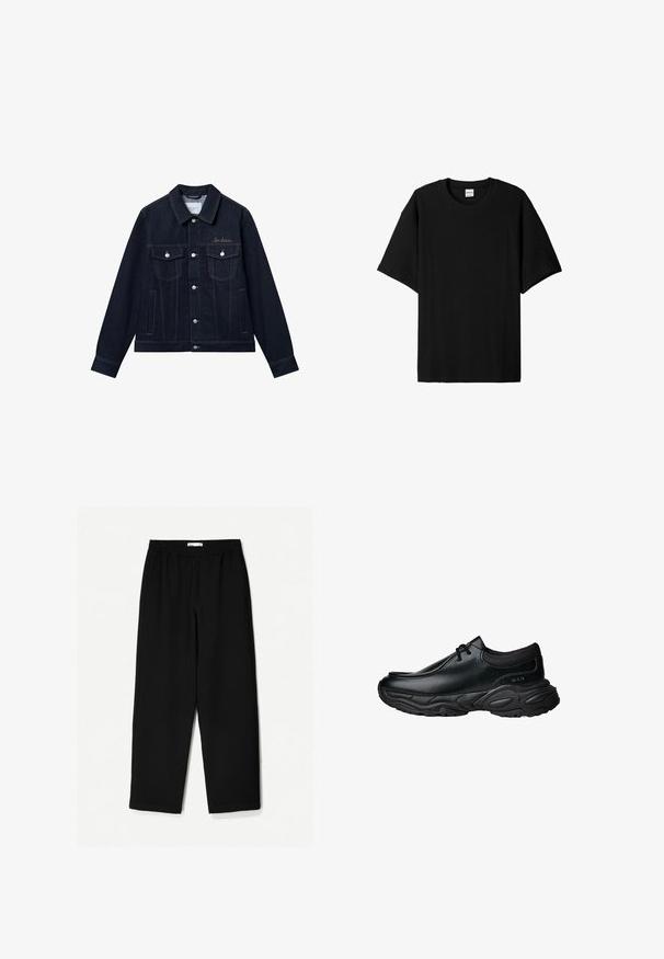 Tmavě modrá džínová bunda s špičatým límcem, dvěma náprsními kapsami, stříbrnými doplňky a viditelnými švy. Na přední straně vyšívané logo značky.; Černé krátké rukávy s žebrovaným vzorem, kulatým výstřihem a volnějším střihem, s texturovaným povrchem. Jednoduchý design; bez grafiky nebo akcentů.; Černé kalhoty s širokými nohavicemi vyrobené z lehkého materiálu. Mají elastický pas a hladkou texturu. Bez viditelných vzorů nebo kovových detailů.; Černé kožené nazouvací boty s kulatou špičkou a silnou texturovanou gumovou podrážkou. Mají jemné švy a elastické akcenty kolem límce.