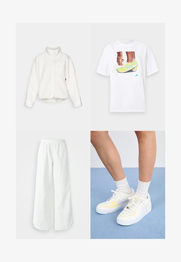 Veste en polaire blanche avec un col haut, fermeture à boutons et une poche zippée à l'avant. Présente un tissu doux et texturé avec un design court.; T-shirt en coton blanc avec un graphisme de pieds chaussés de crampons Nike jaunes avec des accents bleus, accompagné d'un bracelet au poignet gauche.; Pantalons de sport larges blancs avec une taille côtelée et un discret logo. Tissu lisse avec une coupe décontractée et un bas effilé.; Baskets en cuir blanc avec des accents jaunes et lavande, bout rond, lacets plats et semelle en caoutchouc texturée. Portées avec des chaussettes blanches.